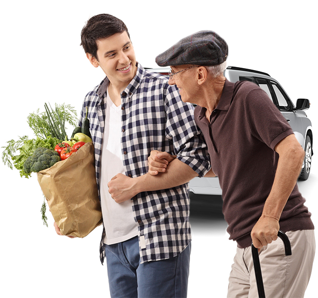 Grandson with Getaround® shared car taking grandpa shopping